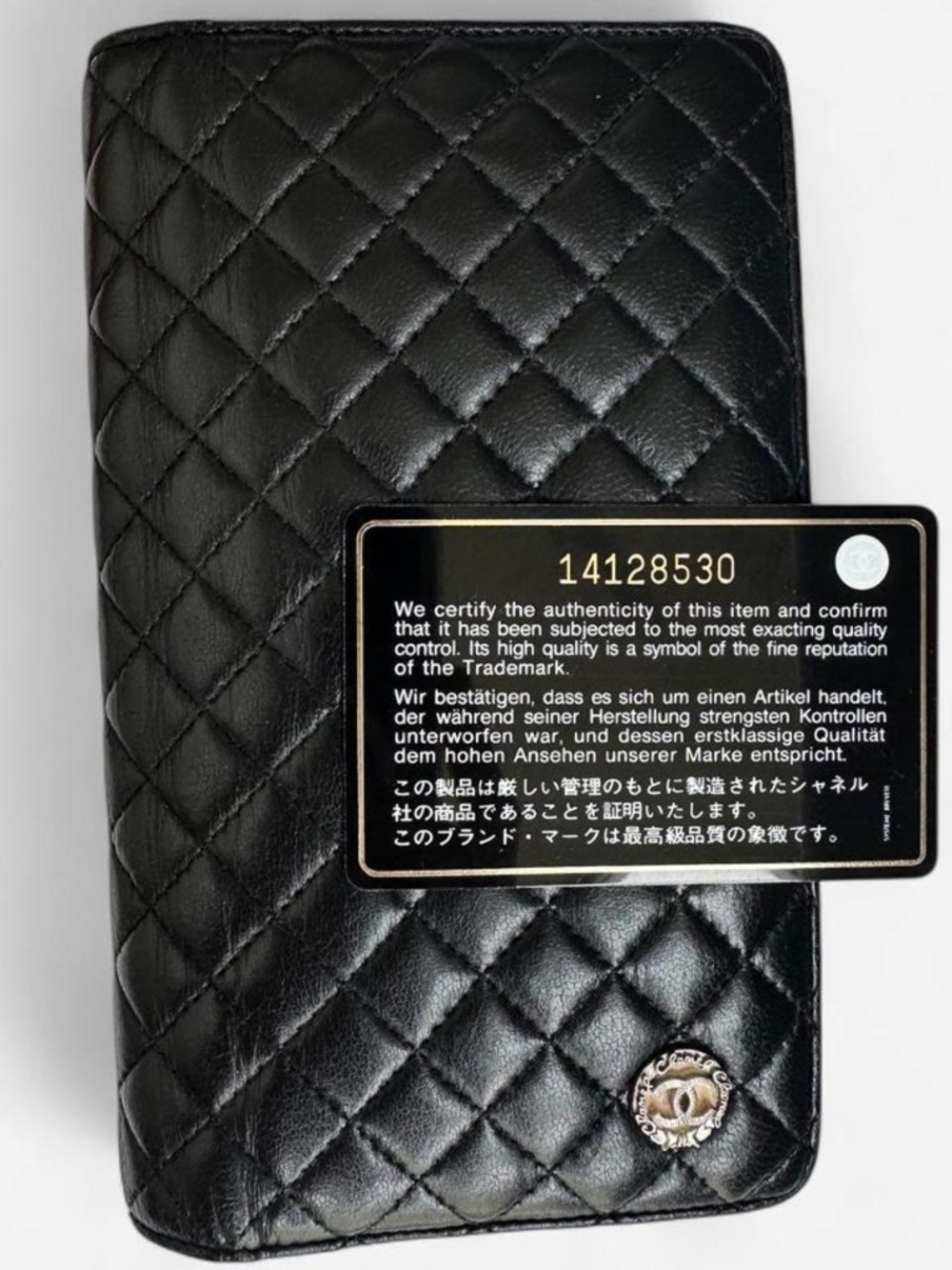 CHANEL Vintage Black Quilted Leather Wallet with Silver CC Charm